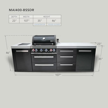 Mont Alpi 107"W x 23"D x 46"H Black Stainless Steel Modular Outdoor Kitchen Island with Side Burner + 32"W 4-Burner BBQ Grill + White Granite Countertops + Storage Cabinets + Drawers + Cover