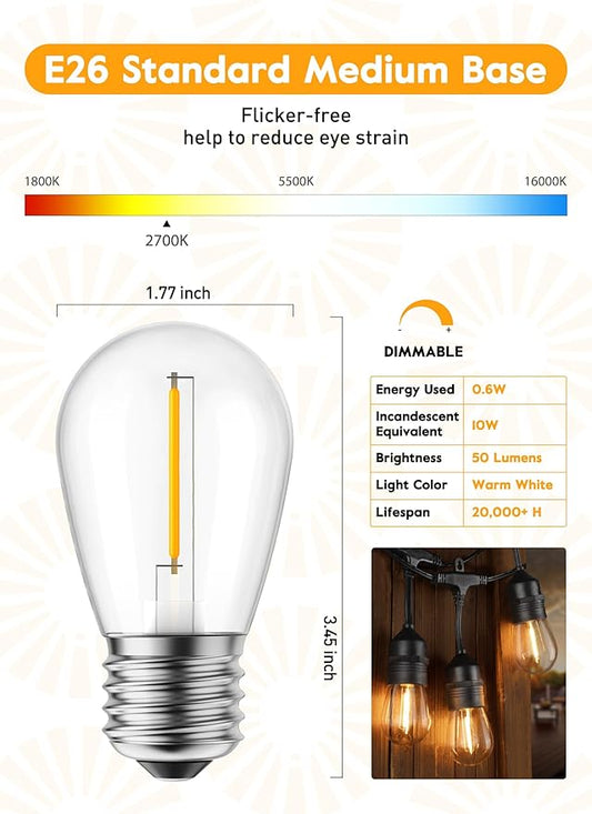 Brightown 50 Pack LED S14 Replacement Light Bulbs, Shatterproof E26 Medium Base Edison Vintage Bulbs Equivalent to 11 W, Fits for Commercial Outdoor Patio Garden Vintage Lights, 2700K, Warm White