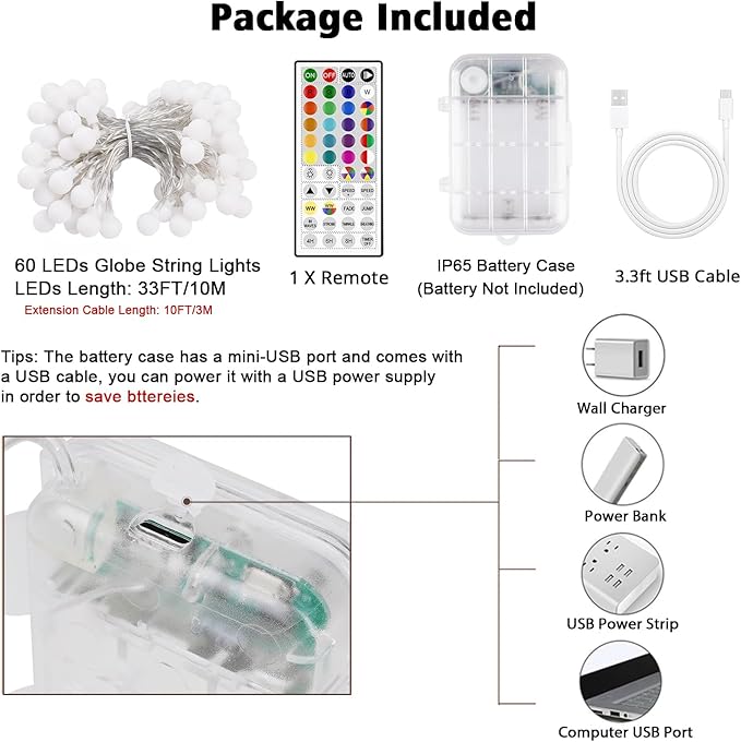 OMIKA 33 FT Globe Battery Powered String Lights, 60 LED Warm White & Multicolor Battery String Light, USB Powered Camping Lights String for Indoor Outdoor Hanging Light for Bedroom Room Party Decor