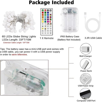 OMIKA 33 FT Globe Battery Powered String Lights, 60 LED Warm White & Multicolor Battery String Light, USB Powered Camping Lights String for Indoor Outdoor Hanging Light for Bedroom Room Party Decor
