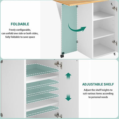 YITAHOME Folding Kitchen Table with Power Outlet, Drop Leaf Kitchen Table Islands for 2 on Wheels, Convertible Trash Can Storage Cabinet for 10 Gallon Garbage Bin, Adjustable Storage Racks, Wihte Oak