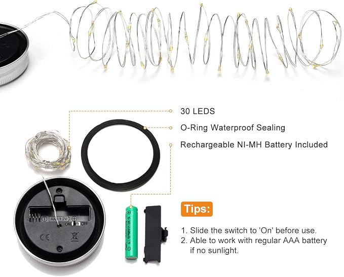 Mason Jar Solar Lights -30 LED, 6 Pack Hanging Lantern, Warm White | Waterproof, Solar Powered Fairy Lights for Indoor Outdoor Garden Patio Pathway Backyard Decor