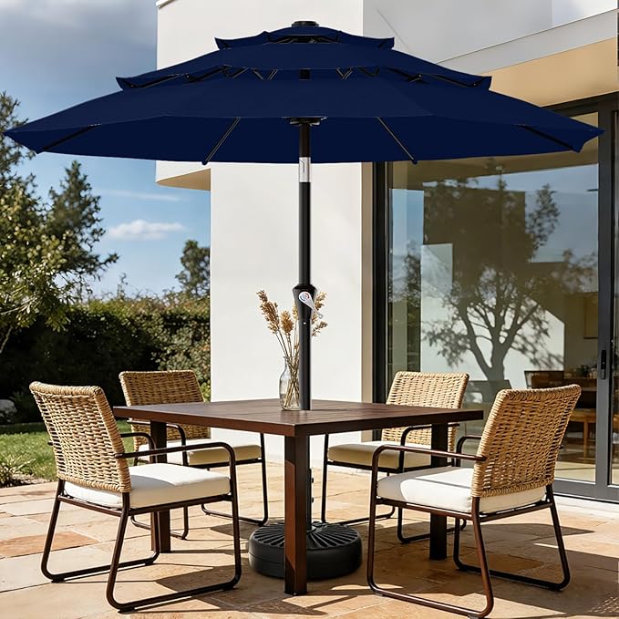 AreShark 9ft 3-Tier Patio Umbrellas, Outdoor Umbrella with 8 Sturdy Ribs UV Protection Windproof, Market Table Umbrella w/Push Button Tilt & Crank for Pool, Porch, Deck, Garden(Navy)