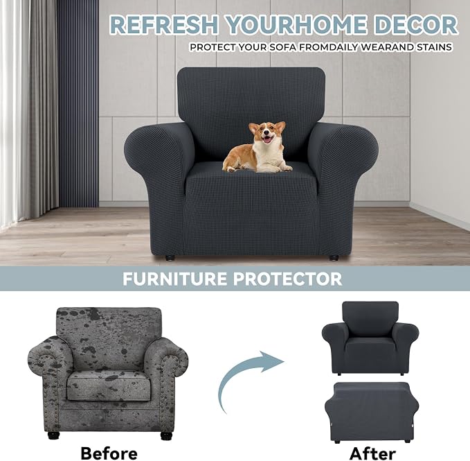 LURKA Stretch Chair Cover for Sofa, 1 Piece Armchair Slipcover, Dark Grey | Soft Stretch Jacquard, Fits 31"-55" Armchairs, Elastic Bottom for Secure Fit, Machine Washable, Pet & Kid Friendly