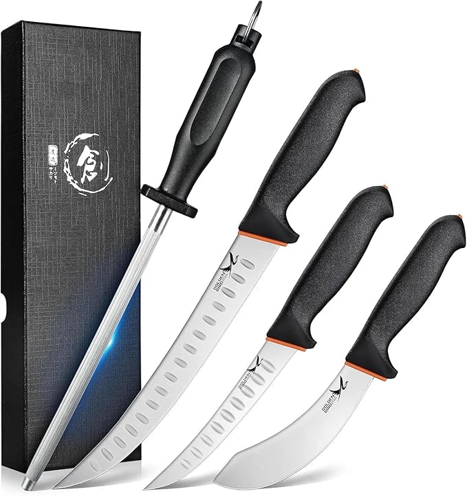 Golden Bird Butcher Knife Set - 4 Piece Professional BBQ Knife Set Include 6" Boning, 6" Skinning, 10" Butcher Breaking Knives & 8" Sharpener Rod, Gifts for Men Women