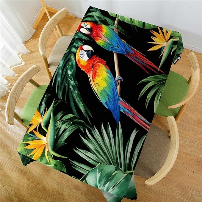 Swono 52x70 Inch Parrot Tablecloth Tropical Macaw Parrot Jungle Palm Leaves Farmhouse Dining Table Cloth Anti-Stain Talking Table Cover for Kitchen Dinning Room Coffee Store