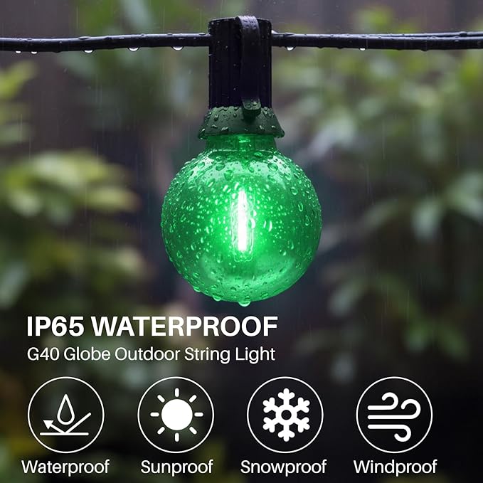 50 FT Green Outdoor String Lights G40 Globe Shatterproof Patio Lights,26 Plastic Edison Bulbs(2 Spare) IP65 Waterproof Dimmable LED Bulbs for Backyard Porch Balcony Party Decor, E12 Base
