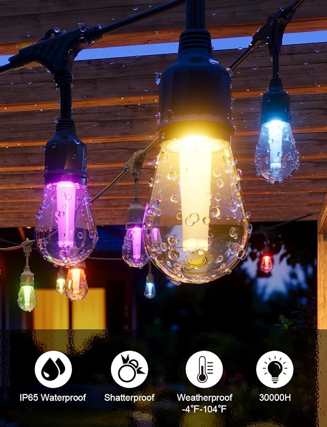 XMCOSY+ Smart Outdoor String Lights 123FT, LED Patio Light with App Control | DIY Color Changing, RGBCW Dimmable White, Segment Control, Alexa Voice Control, Shatterproof IP65 Waterproof Outside Lights