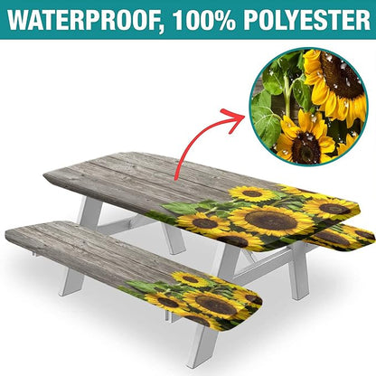 Yellow Sunflower Picnic Table Cover with Bench Covers, Vintage Wood Grain with Sunflower Print Elastic Polyester Backing Oblong Fitted Table Cloths, 72x28 In, for Outdoor/BBQ/Camping Use, 3 Pcs Set