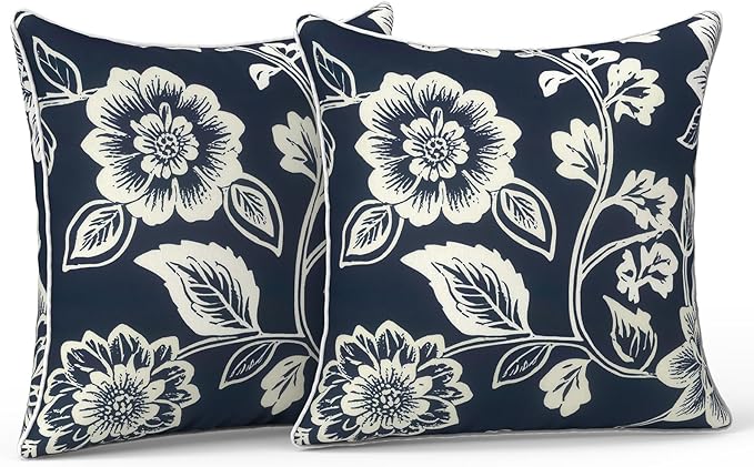 LVTXIII Outdoor Pillow Covers 16x16, Patio Waterproof Throw Pillow Cases Fade Resistant Accent Pillow Covers for Spring Summer Garden Decoration, Set of 2, Elegant Vines Navy