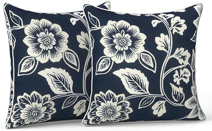 LVTXIII Outdoor Pillow Covers 16x16, Patio Waterproof Throw Pillow Cases Fade Resistant Accent Pillow Covers for Spring Summer Garden Decoration, Set of 2, Elegant Vines Navy
