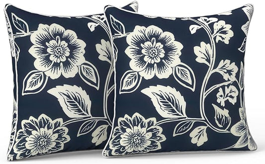 LVTXIII Outdoor Pillow Covers 16x16, Patio Waterproof Throw Pillow Cases Fade Resistant Accent Pillow Covers for Spring Summer Garden Decoration, Set of 2, Elegant Vines Navy