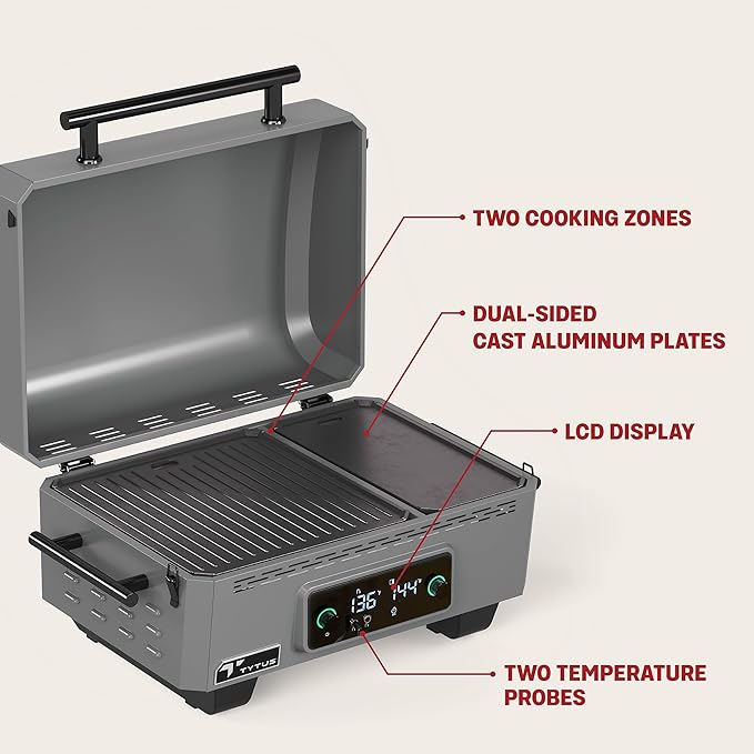 TYTUS Tabletop Electric Grill & Griddle Combo with 318 Sq. In Cooking Area and Cover, Dual-Sided Aluminum Plates, up to 500F, LCD Display with 2 Temp Probes
