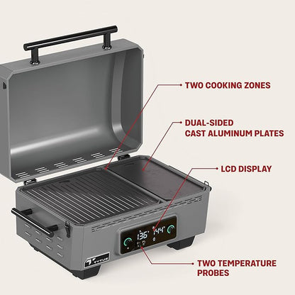 TYTUS Tabletop Electric Grill & Griddle Combo with 318 Sq. In Cooking Area and Cover, Dual-Sided Aluminum Plates, up to 500F, LCD Display with 2 Temp Probes
