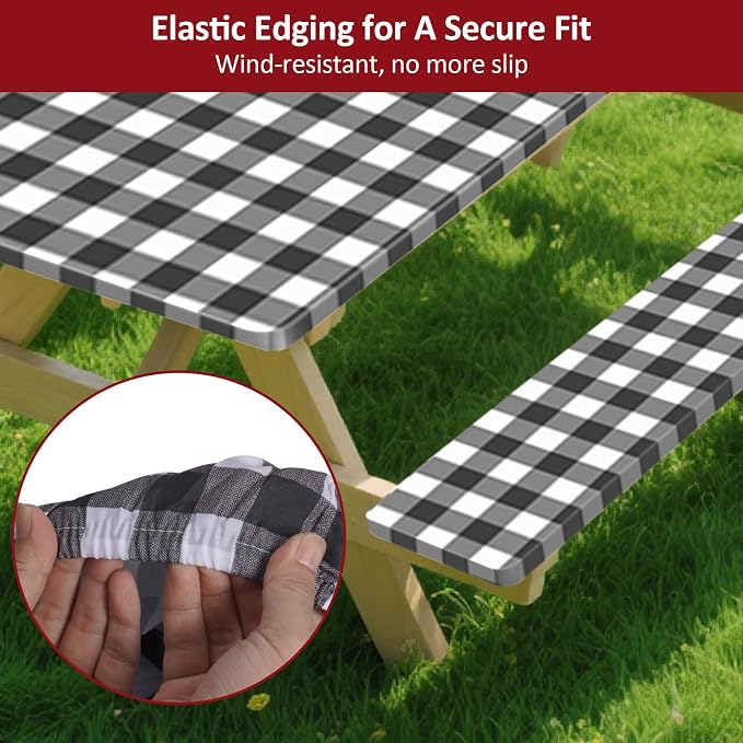 8ft 96" Picnic Table and Bench Cover, 3 Pack, Black-White Checkered | Drawstring Bag, Waterproof Windproof, Elastic Fitted Edges Tablecloth, for Rectangle Table & Seat, Camping Essentials RV Gear