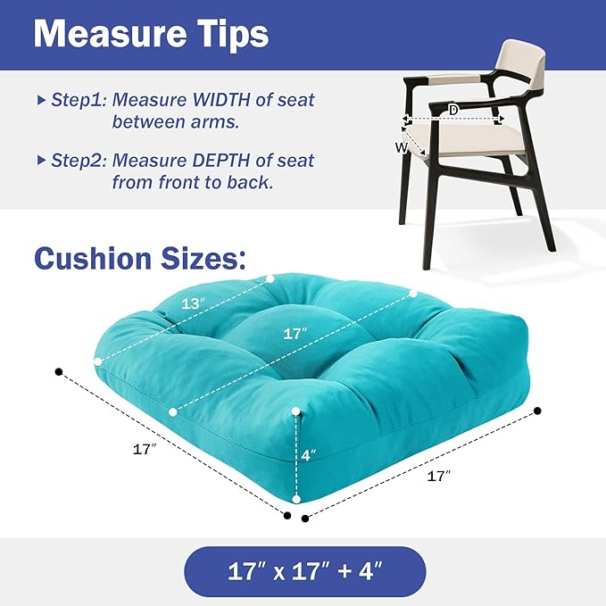 IPYNBAP Outdoor Chair Cushions Set of 2, Patio Chair Cushions with Ties, 17x17+4” Tufted Outdoor Seat Cushions, Waterproof Patio Furniture Cushions, Outdoor Dining Chair Pads, Teal