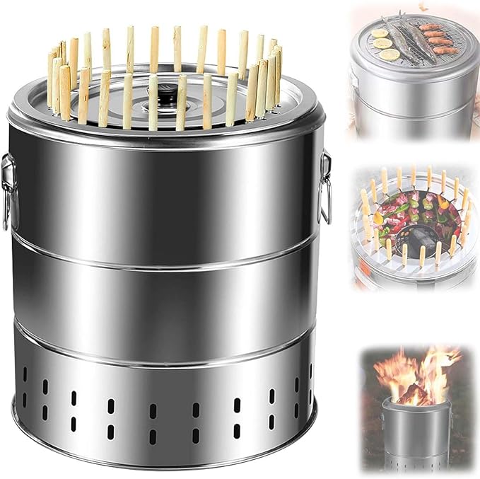 Smokeless Charcoal Barrel Grill,Stainless Steel Kebab Grill,with 28 Skewers/Grill Grate, for Camping, Picnics, Backyard Barbecues (A)