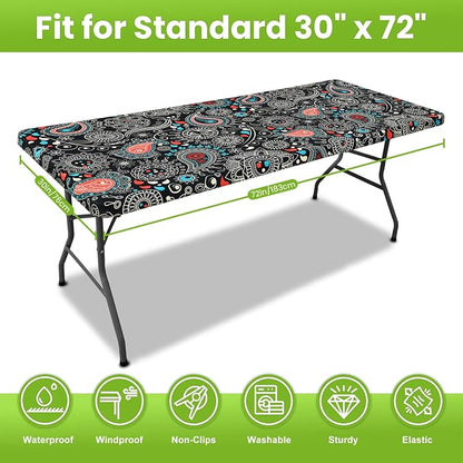 Smiry Spandex Fitted Tablecloth for 6 Foot Rectangle Tables, Washable Picnic Table Cover with Elastic, Stretch Reusable Table Cloth for Outdoor, Camping, Dining & Kitchen (Black Paisley, 30"x72")