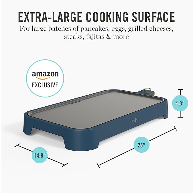 Martha Stewart 12” x 22” Electric Griddle, XL Ceramic Nonstick Flat Top Cooking Surface, Adjustable Temperature Dial, Drip Tray, Dishwasher Safe, 1500W Fast Even Heating, Pancakes & Eggs, Indigo Blue