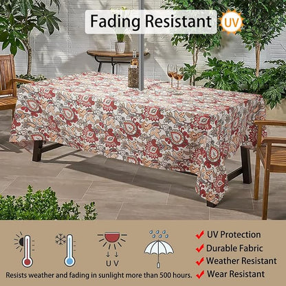 60"x84" Rectangle Tablecloth with Umbrella Hole and Zipper, Washable Waterproof Wrinkle Free Zippered Patio Table Cloths Table Covers for Spring, Party, Backyard, Picnic, BBQS(Botanical Red Orange)