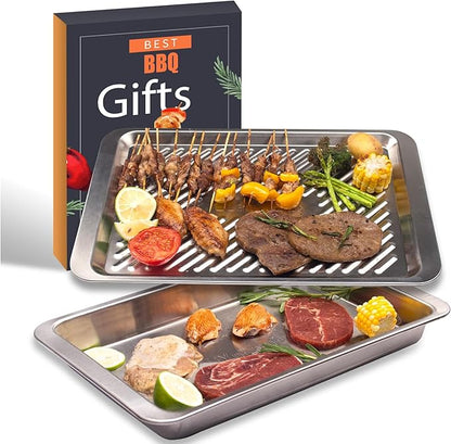 Grilling Prep and Serve Trays, Set of 2 Stackable Stainless Steel BBQ Trays, Deep Marinating Container, Serving Platter for Plating Food, BBQ Prep Tub for Marinating Meats, Grill Accessories