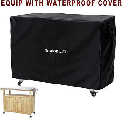 GDLF Outdoor Storage Cabinet Wood Outdoor Kitchen Prep Grill Table with Stainless Steel Top Waterproof Cover (Natural Wood Color)
