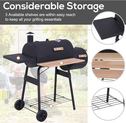 48" Steel Portable Backyard Charcoal BBQ Grill and Offset Smoker Combo with Wheels