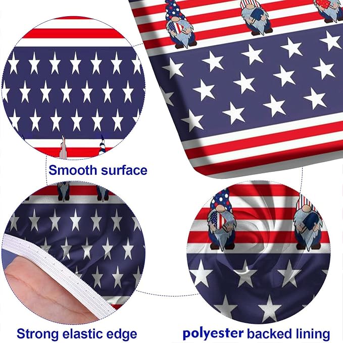 4th of July USA Flag Picnic Fitted Tablecloth and Bench Seats Cover, 28x72 Inch, American Flag with Gnomes Ice Pops Flag Elastic Edged Table Cloth for Indoor/Outdoor Picnic, BBQ and Dining, 3 Pcs Set