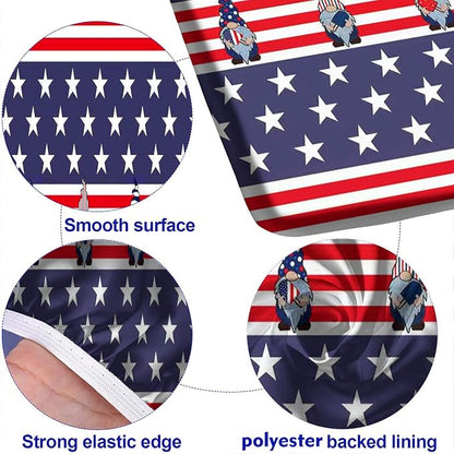 4th of July USA Flag Picnic Fitted Tablecloth and Bench Seats Cover, 28x72 Inch, American Flag with Gnomes Ice Pops Flag Elastic Edged Table Cloth for Indoor/Outdoor Picnic, BBQ and Dining, 3 Pcs Set