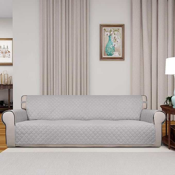 PureFit Reversible Quilted Couch Covers for Dogs Sofa Cover 4 Seater 88" | Light Gray/Light Gray, Water Resistant Couch Protector, Washable Pet Couch Cover with Non Slip and Elastic Straps For Kids