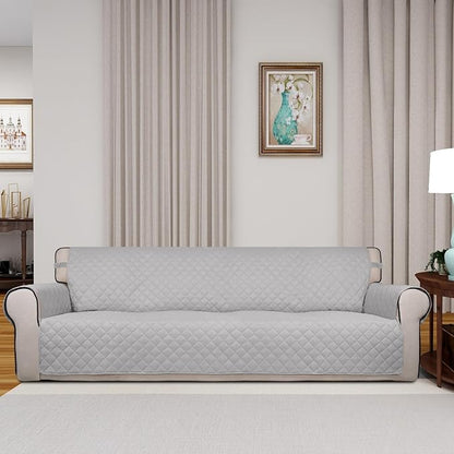 PureFit Reversible Quilted Couch Covers for Dogs Sofa Cover 4 Seater 88" | Light Gray/Light Gray, Water Resistant Couch Protector, Washable Pet Couch Cover with Non Slip and Elastic Straps For Kids