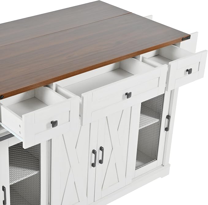 Bellemave 58" Farmhouse Kitchen Island cart with Charging Station and with Storage, Sliding Barn Door & Metal Grid Side Door, Rolling Kitchen Island Table with 5 Wheels with Spice Rack, White