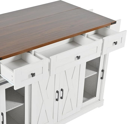 Bellemave 58" Farmhouse Kitchen Island cart with Charging Station and with Storage, Sliding Barn Door & Metal Grid Side Door, Rolling Kitchen Island Table with 5 Wheels with Spice Rack, White