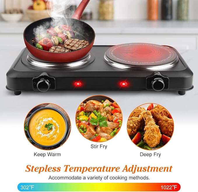 1800W Electric Stove Infrared Burner, Portable Double Burner Electric Cooktop with Stepless Temperature Adjustments, Counter Dual Stove with 7.5” Glass Cooktop for Home RV Camp Cooking