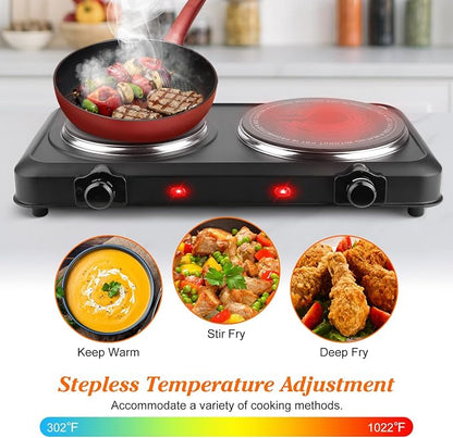 1800W Electric Stove Infrared Burner, Portable Double Burner Electric Cooktop with Stepless Temperature Adjustments, Counter Dual Stove with 7.5” Glass Cooktop for Home RV Camp Cooking