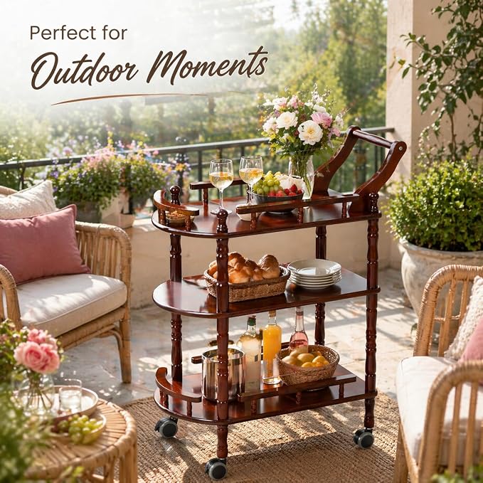 Entertainment Kitchen Cart, Midcentury Modern Imported rubberwood Brown Finished Wood 3-Tier Mobile Bar Cart Serving Cart