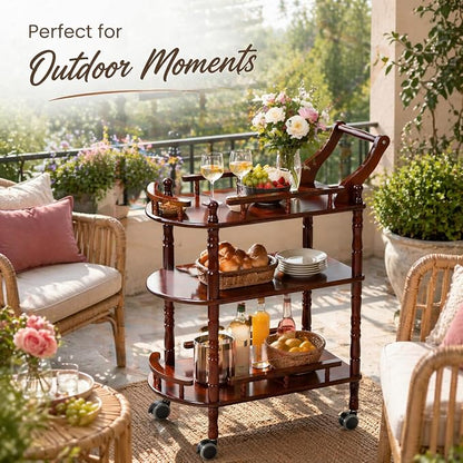 Entertainment Kitchen Cart, Midcentury Modern Imported rubberwood Brown Finished Wood 3-Tier Mobile Bar Cart Serving Cart