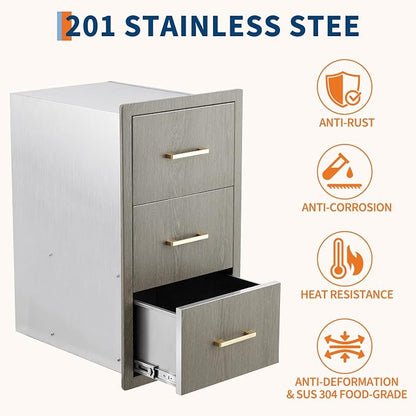 PeakPursuit Stainless Steel Outdoor Kitchen Triple Drawers - Heavy Duty Weather-Resistant with Handles, Flush Mount for BBQ Island, Patio Grill & Outdoor Cooking Space, 16" W x 20.5" D x 28.5" H