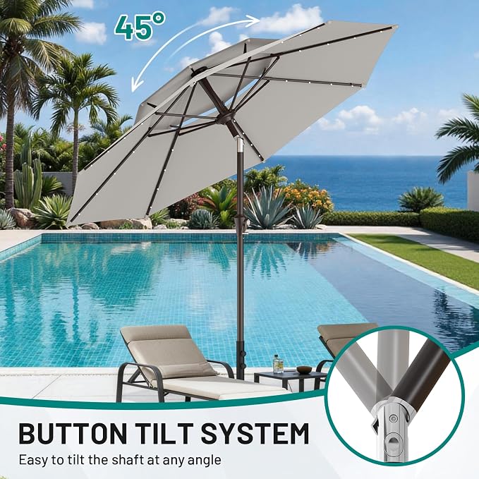 AreShark 9ft 2 Tiers Patio Umbrella with Solar Lights, Outdoor Umbrella w/ 32 LED Lights&8 Sturdy Ribs, Table Umbrella for Deck, Backyard, Pool(Light Gray)