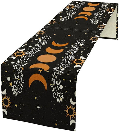Boho Moon Phase Flower Kitchen Table Runner Non-Slip Rectangle Kitchen Black Bohemian Floral Printed Pattern for CoffeeDiningPartyWedding Table 13x70Inch