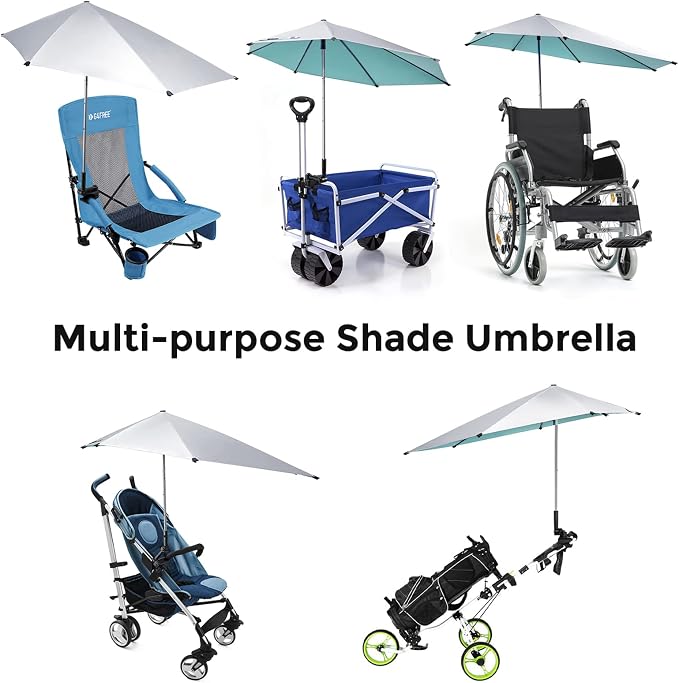 G4Free UPF 50+ Height Adjustable Beach Chair Umbrella with Universal Clamp | UV protection Chair Umbrella for Beach Chair, Golf Cart, Wheelchair, Stroller, Bleacher, Outdoor Patio, silver coating fabric