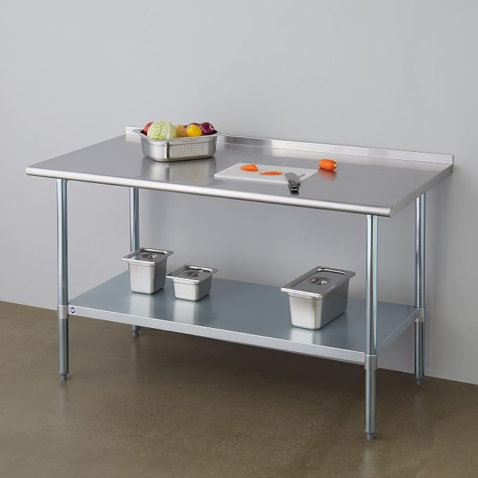 ROCKPOINT Stainless Steel Table for Prep & Work with Backsplash 30x60 Inches, NSF Metal Commercial Kitchen Heavy Duty Table with Adjustable Under Shelf and Table Foot for Restaurant, Home and Hotel