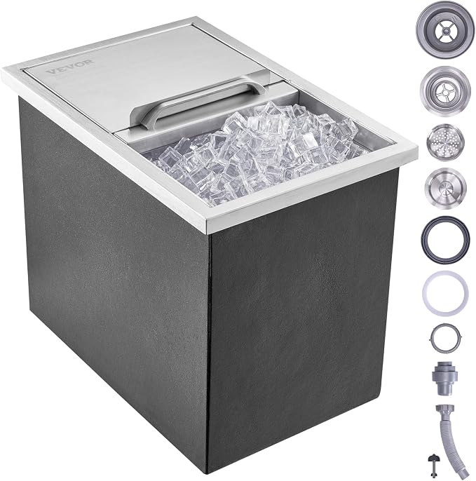 VEVOR Drop in Ice Chest, 18"L x 12"W x 14.5"H Stainless Steel Ice Cooler, Commercial Ice Bin with Sliding Cover, 40.9 qt Outdoor Kitchen Ice Bar, Drain-pipe and Drain Plug Included, for Cold Wine Beer | Commercial Ice Bin for Cold Wine Beer, 40.9 qt Ou...