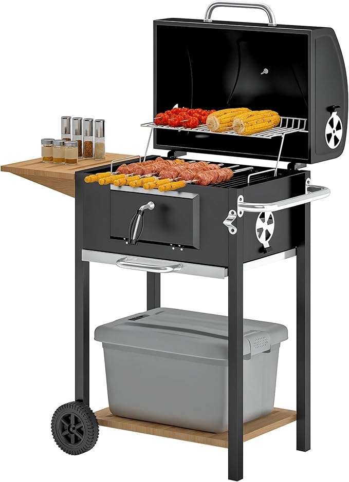Outdoor Charcoal Grill, Barbecue Grill Charcoal with Cover & Side Table, BBQ Charcoal Grill for Camping Patio Backyard Picnic, 245 Sq. In. Cooking Area, Portable|Barrel Style (37")