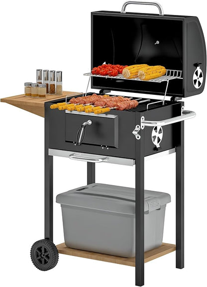 Outdoor Charcoal Grill, Barbecue Grill Charcoal with Cover & Side Table, BBQ Charcoal Grill for Camping Patio Backyard Picnic, 245 Sq. In. Cooking Area, Portable|Barrel Style (37")