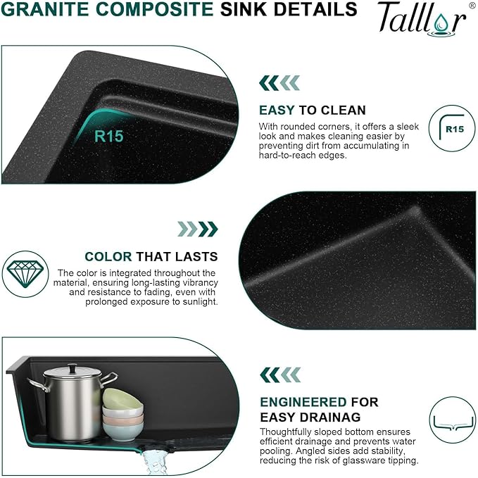 Granite Composite Kitchen Sink - 30 Inch Granite Kitchen Sink Undermount Workstation Matte Black Quartz Under Counter Single Bowl Sinks Basin All-In One, 30"x19" #TLGU-136