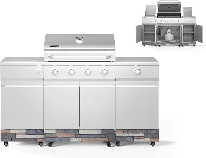 Tytus Fresno 66" 5-Burner Propane or Nat Gas Island Grill, 60K Total BTUs | Pre-assembled for fast install, 864 sq inch cooking area with Side Burner, Storage, Ice Bucket - Stainless Steel / Ash Island