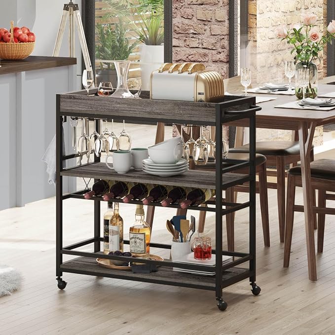 Bar Cart, Home Bar Serving Cart on Wheels, Mobile 3 Tier Liquor Beverage Carts with Wine Rack and Glass Holder (Grey Oak)