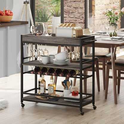 Bar Cart, Home Bar Serving Cart on Wheels, Mobile 3 Tier Liquor Beverage Carts with Wine Rack and Glass Holder (Grey Oak)