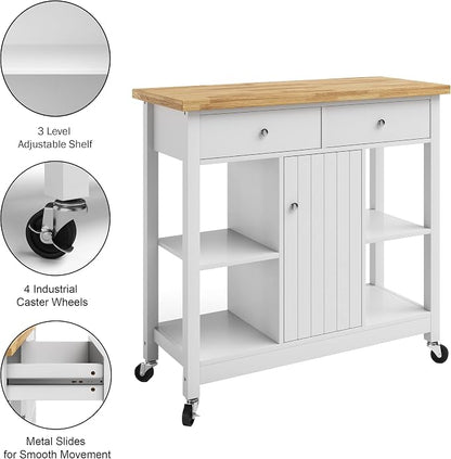 Lavish Home Mobile Kitchen Island with Spice Rack, Shelves & Cabinet, White | Rolling Cart with Drawers for Coffee Bar, Adjustable Shelves, Counter Space, Microwave Stand with Storage Shelves